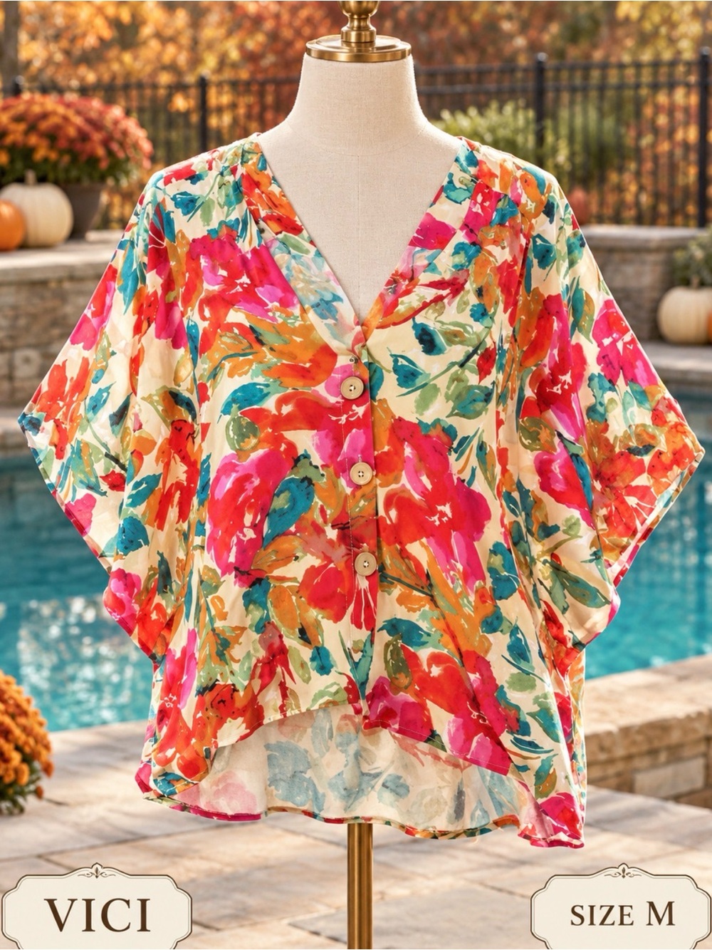VICI Colorful Floral Button-Front Swim Coverup in Pink, Orange, Teal, Cream